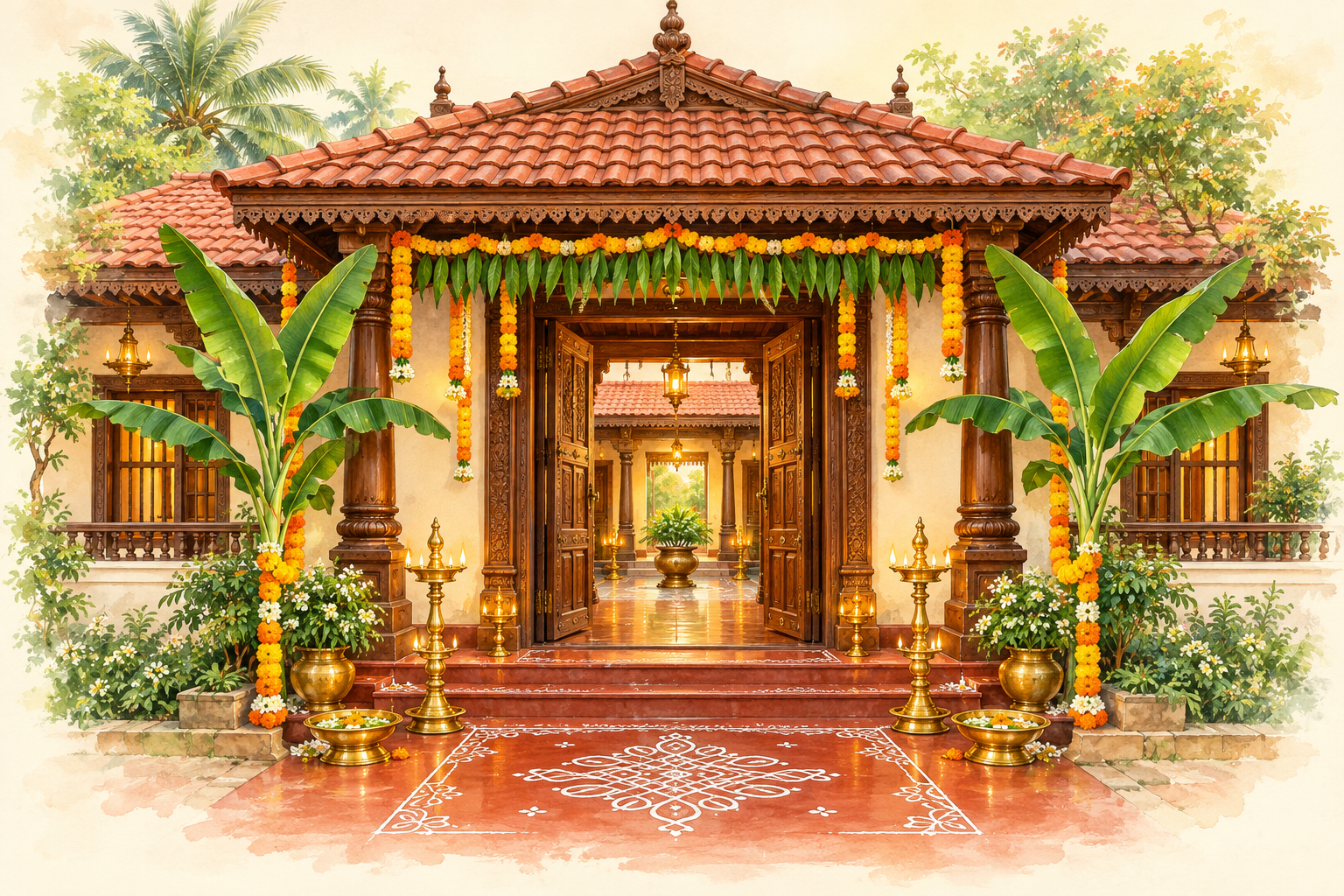 Traditional South Indian home decorated with marigold garlands, banana leaves, brass lamps and a welcoming kolam